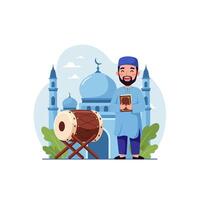 Man Holding Book with Drum and Mosque in Background Illustration vector