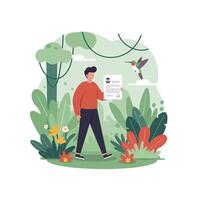 Person Walking Holding Document with Bird Flying in Nature Scene vector