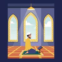 Man Praying Inside Building with Windows and Carpet Illustration vector