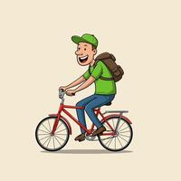 Man Riding Bicycle with Backpack Smiling Illustration in Cartoon Style vector