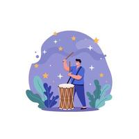 Man Playing Drum with Sticks Under Starry Night Illustration vector