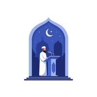 Man Giving Speech From Podium in Islamic Setting at Night vector