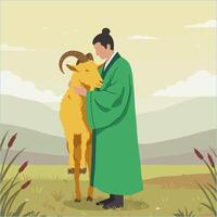 Person Hugging a Golden Goat in a Serene Grassland Field vector