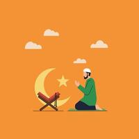 Man Praying Near Book with Crescent Moon and Star Backdrop vector