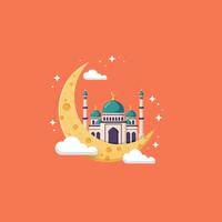 Mosque on Crescent Moon with Clouds and Stars in Sky vector