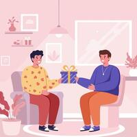 Man Giving a Gift to Another Man in a Cozy Room vector