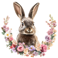Hand-Painted Easter Bunny With Colorful Blooms On Transparent Background png
