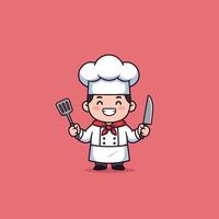 Cartoon Chef Holding Spatula and Knife with Joyful Expression vector
