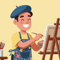 Man Painting on Canvas with Easel and Palette in Studio vector