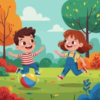 Children Playing with a Ball in a Park on a Sunny Day vector