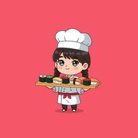 Chef Holding Sushi Tray with Assorted Rolls on Pink Background vector