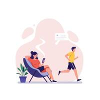 Woman Relaxing with Phone While Man Running Beside Her Outdoors vector