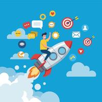 Man Riding Rocket Soaring Through Sky with Social Media Icons vector