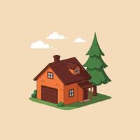 Cozy Cartoon House with Tree and Clouds on Beige Background vector