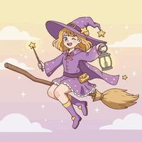 Cartoon Witch Flying on Broomstick with Lantern in the Sky vector