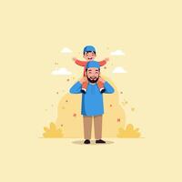 Father Carrying Son on Shoulders Sharing Happy Moment Together vector