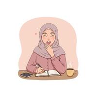 Woman in Hijab Writing in Notebook with Yawning Expression vector