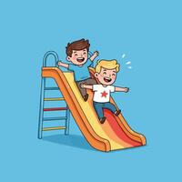 Boys Sliding Down Slide Having Fun at the Playground Together vector