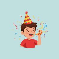 Boy Celebrating with Party Hat Blowing Noise Maker with Confetti Falling vector