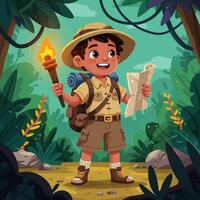 Exploring Jungle Boy Holding Torch and Map Adventure Cartoon vector