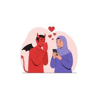 Woman Using Phone While Devil Whispering Near Her Smiling Face vector