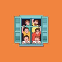 Cartoon Men Looking Out of a Blue Window Frame Illustration vector