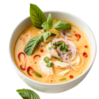 Delicious Creamy Thai Chicken Soup with Basil and Chili Garnish in White Bowl png