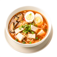 Delicious Spicy Tofu Miso Ramen Soup with Mushrooms and Egg in Bowl png