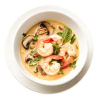Delicious Creamy Tom Yum Soup with Shrimp and Mushrooms in White Bowl png