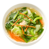 Delicious Asian Vegetable Noodle Soup in Bowl, Top View, Close Up png