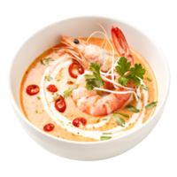 Delicious Creamy Tom Yum Soup with Shrimp, Cilantro, and Chili Garnish png