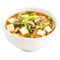 Delicious Miso Soup with Tofu, Mushrooms, and Noodles in White Bowl png