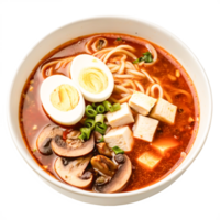 Delicious Spicy Ramen Soup with Tofu, Mushrooms, and Egg png