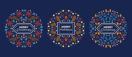 Set of Colored frame for packaging design with of branches, poinsettia flowers, cones, on dark background vector