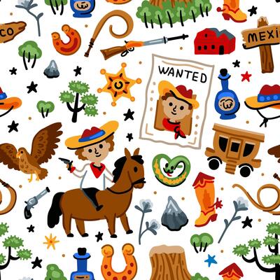 Bright cheerful children seamless pattern with American western cowboy from wild west rural Landscape. Childish background. Wild West. Texas. Cheerful characters with animals and plants.