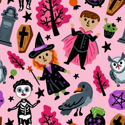 Rose Halloween characters Seamless pattern. Children in funny background