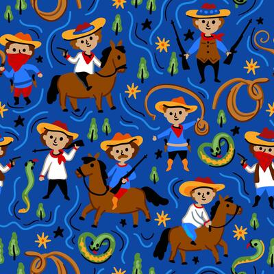 Cowboy native American western pattern. Bright children seamless with American western cowboy from wild west rural Landscape. Wild West. Texas. Cheerful characters