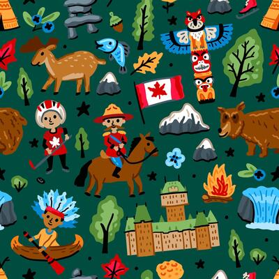 Bright cheerful children seamless pattern with symbols of Canada. American Indian, maple leaf, deer, Niagara waterfall. Alaska landmarks. Childish Forest travel background. North America
