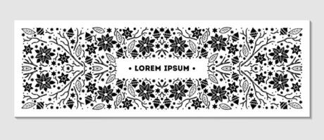 Black and white rectangular frame of holly branches, pine cones, poinsettia vector
