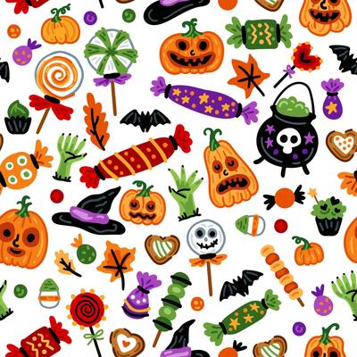 Seamless pattern of Halloween characters pumpkin and sweets with trick or treat candies. Many types spooky dessert.