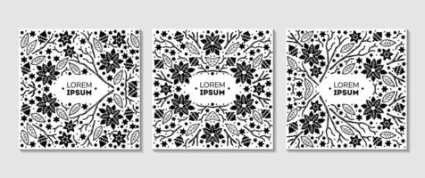 Set of black square shape frame for packaging design with of leaves, branches, poinsettia flowers on white vector