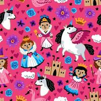 Bright children seamless pattern of fairy tale characters. Childish background of little princess cartoon with funny unicorn and castle vector