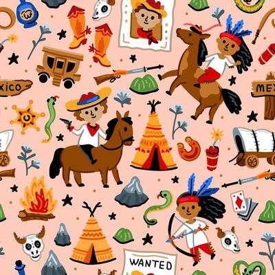 Cowboy native American western pattern. Bright children seamless with American western cowboy from wild west rural Landscape. Childish background. Wild West. Texas. Cheerful