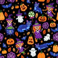 Halloween childish pumpkin background with symbols and characters seamless pattern. Children with funny and scary witch, cat and owl. Witch background with magical things vector