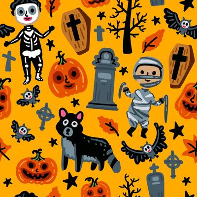 Seamless pattern of Halloween characters, Children in funny background