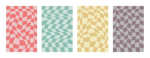 Retro distorted checked background. Old style groovy backdrops with distorted checkerboard. Groovy backgrounds set. Distorted checker. Hippie templates set. vector