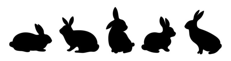Set of black rabbit silhouettes featuring different poses, displayed on white backdrop. Simple and charming Easter bunnies, ideal for festive designs vector