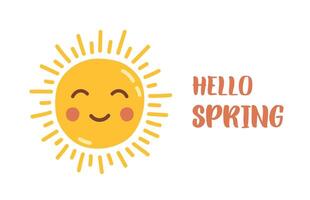 Cute smiling sun with quote hello spring. Spring hand drawn prints. Stickers, cards or posters vector