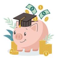 illustration of a piggy bank wearing a graduation cap with money and coins, a concept for education funding and student savings. vector