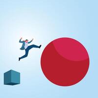 A man jumps from a cube to a big red ball. Illustration of transformation, innovation and change for the better. vector